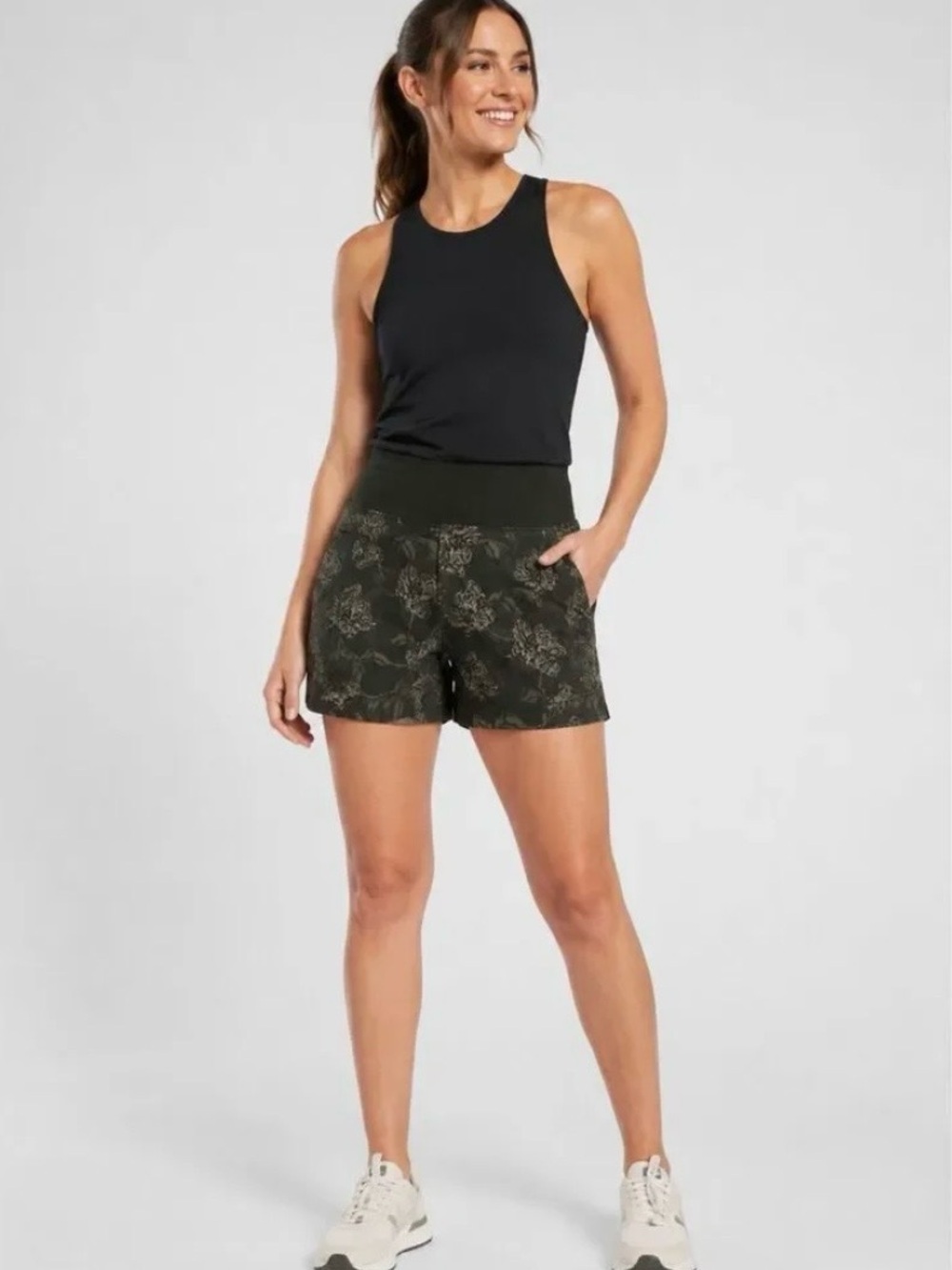 Athleta Trekkie North Printed Shorts in Terra Firma Olive Floral Print